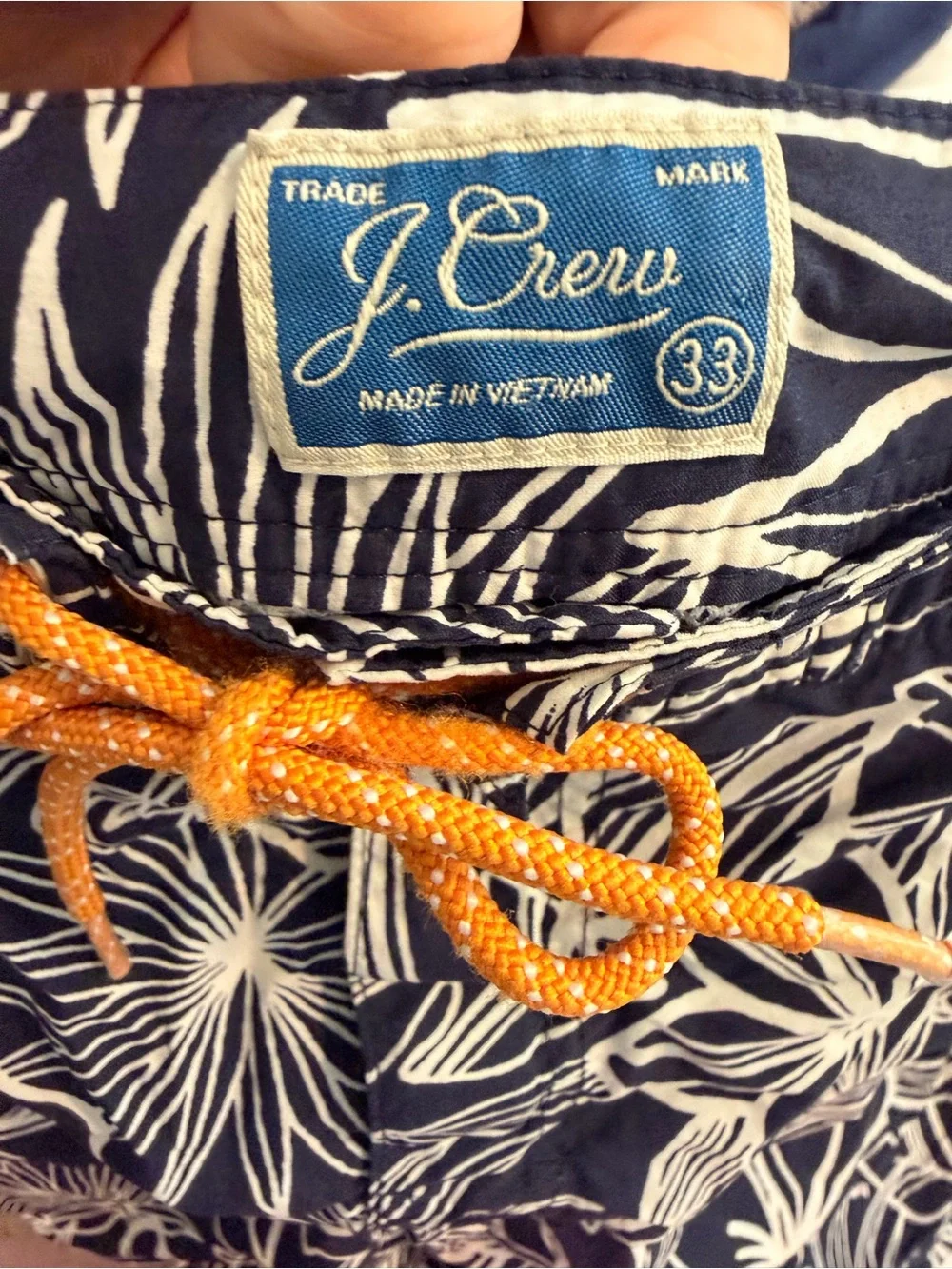 J. Crew Navy and White Floral Board Shorts with Orange Drawstring